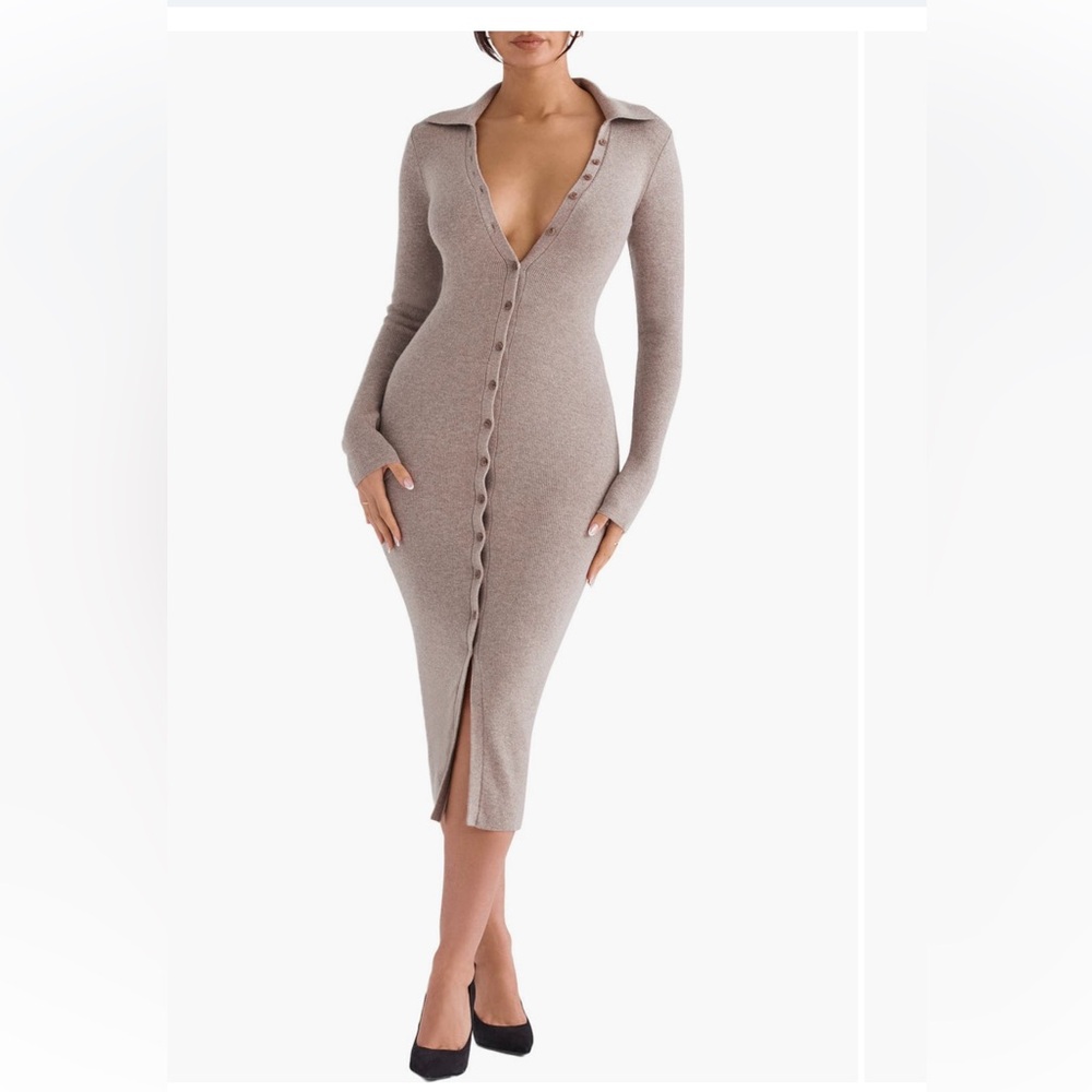 House of CB Yvette long sleeves button up sweater midi dress beige - Picture 3 of 17